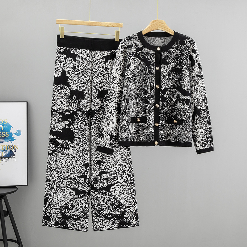 Women'S Formal Wear With Pants - Set Rajutan Fashion Lukisan Pemandangan Jacquard